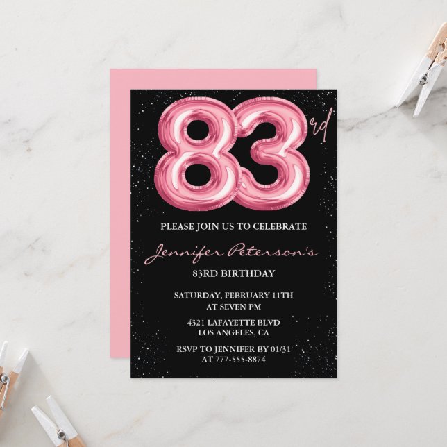 Invitation Cartons d'invitation 83e anniversaire Black Pink B (Devant/Arrière en situation)