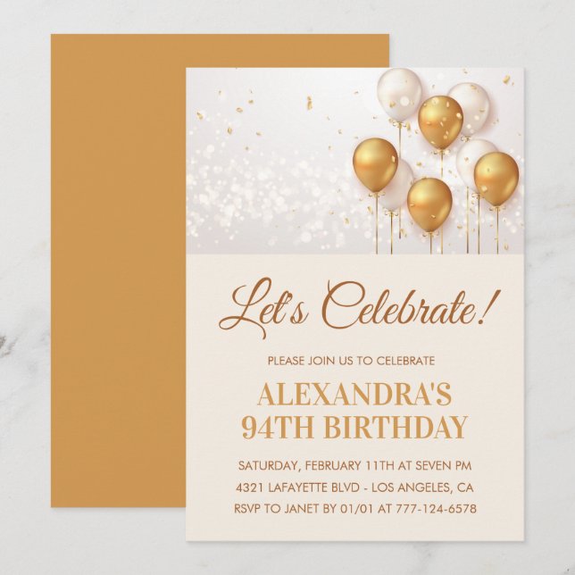 Invitation Cartons d'invitation 94e anniversaire Ballons Or (Devant / Derrière)