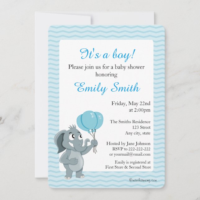 Invitation Cartons d'invitation à une baby shower éléphant (Devant)