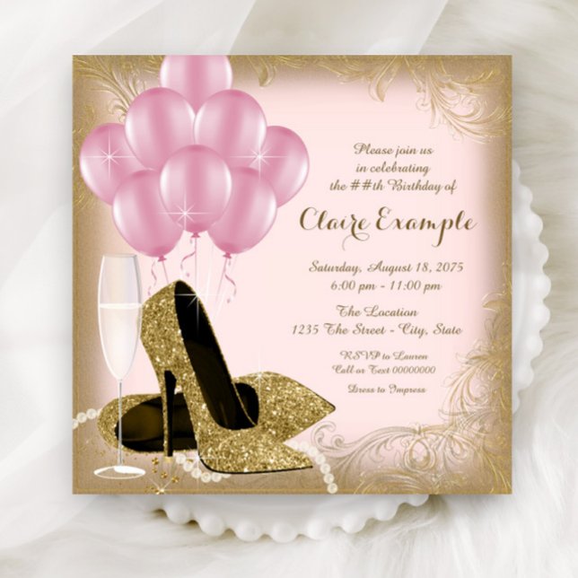 Invitation Cartons d'invitation Anniversaire Talons Hauts Pai (Elegant pink and gold any number birthday and event invitation with gold shoes and balloons.)
