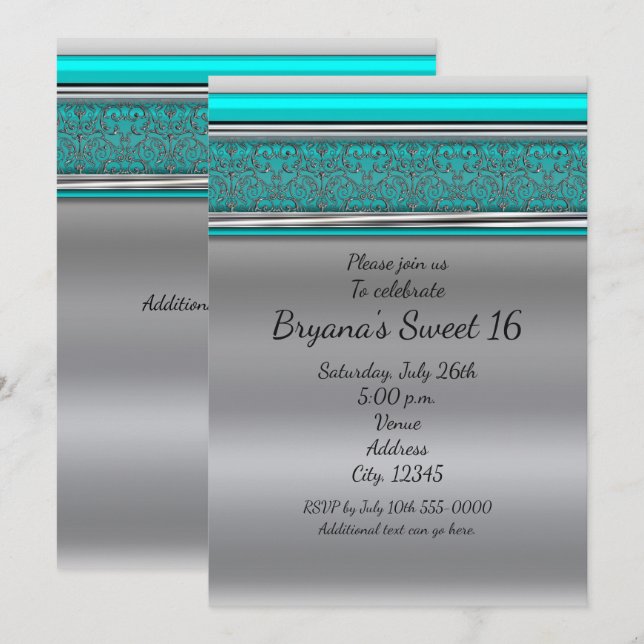 Invitation Cartons d'invitation Aqua Turquoise Bleu & Argent  (Devant / Derrière)