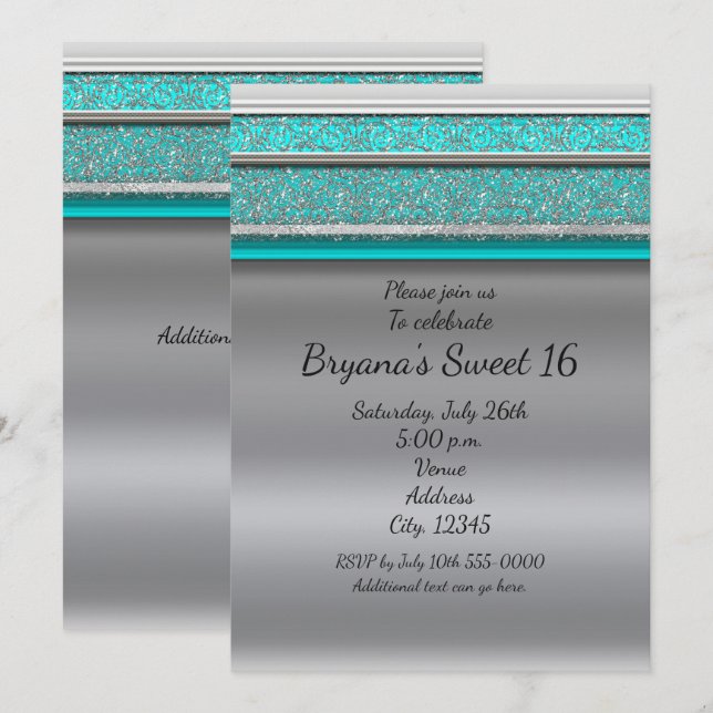 Invitation Cartons d'invitation Aqua Turquoise Bleu & Argent  (Devant / Derrière)