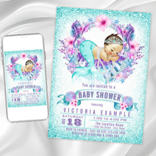 Invitation Cartons d'invitation bébé sirène turquoise violet