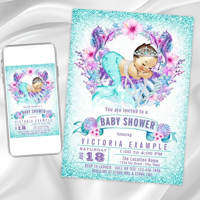 Invitation Cartons d'invitation bébé sirène turquoise violet  (Cute mermaid baby shower invitation. Instant download and printed invitations available.)