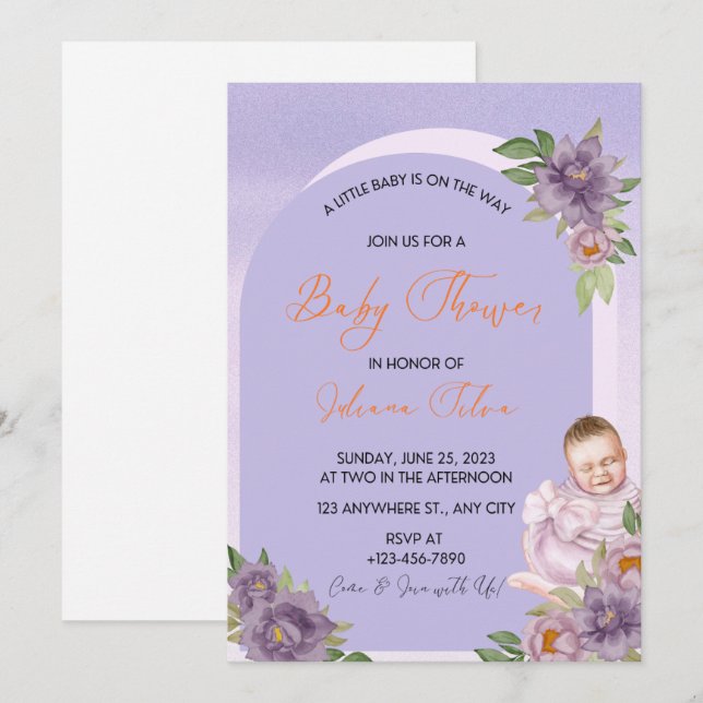 Invitation Cartons d'invitation bébé thème floral violet. (Devant / Derrière)