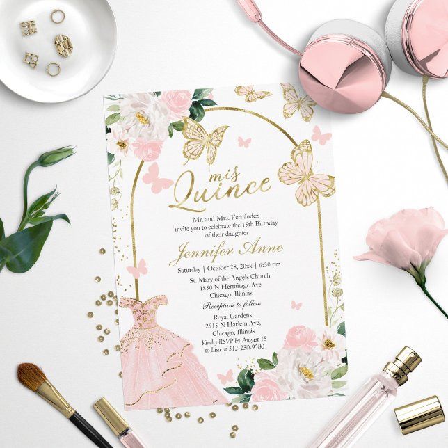 Invitation Cartons d'invitation Butterfly Quince Robe florale (Créateur téléchargé)