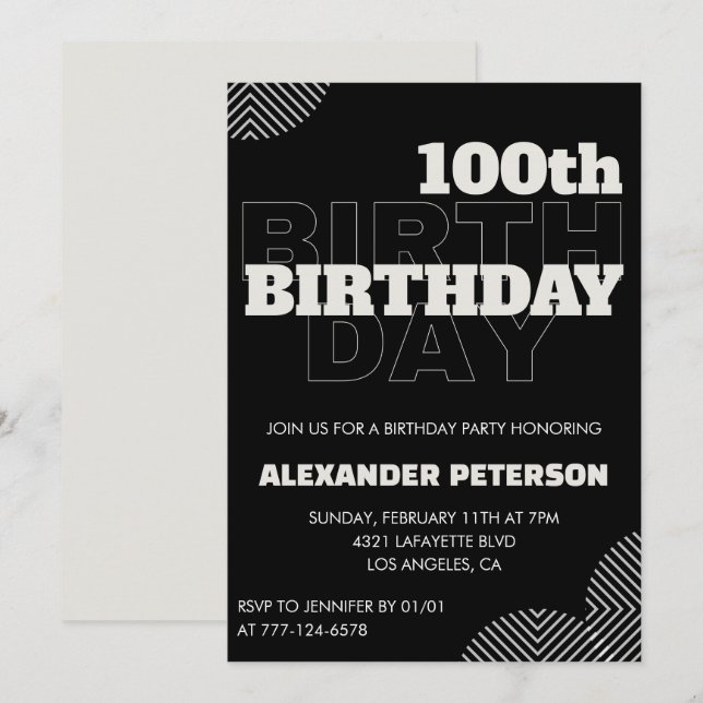 Invitation Cartons d'invitation d'anniversaire 100 ans noir H (Devant / Derrière)