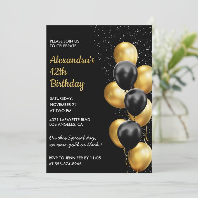 Invitation Cartons d'invitation d'anniversaire 12 ans noirs P (Debout devant)