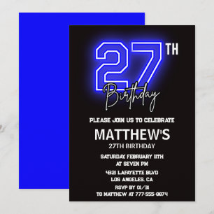 Invitation Cartons d'invitation d'anniversaire 27 ans Neon Bl