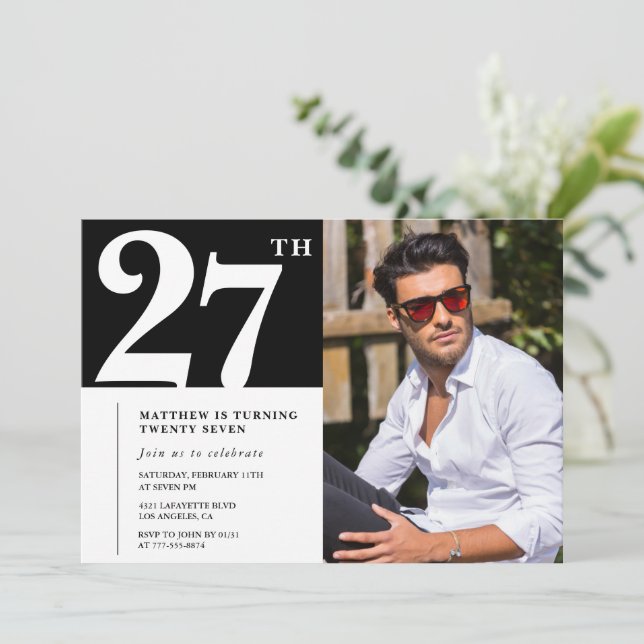 Invitation Cartons d'invitation d'anniversaire 27 ans Noir et (Debout devant)