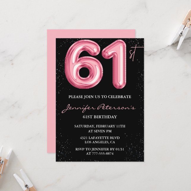 Invitation Cartons d'invitation d'anniversaire 61 ans Black P (Devant/Arrière en situation)