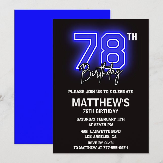 Invitation Cartons d'invitation d'anniversaire 78 ans Neon Bl (Devant / Derrière)