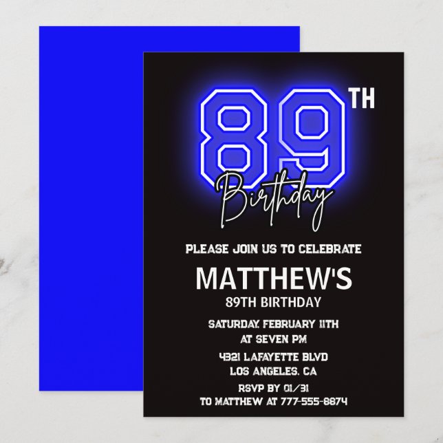 Invitation Cartons d'invitation d'anniversaire 89 ans Neon No (Devant / Derrière)