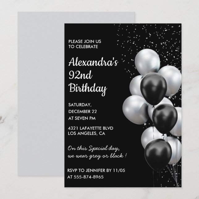 Invitation Cartons d'invitation d'anniversaire 92 ans Ballons (Devant / Derrière)