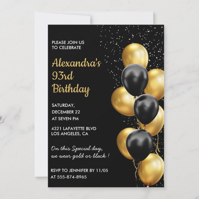 Invitation Cartons d'invitation d'anniversaire 93 ans noir Pa (Devant)