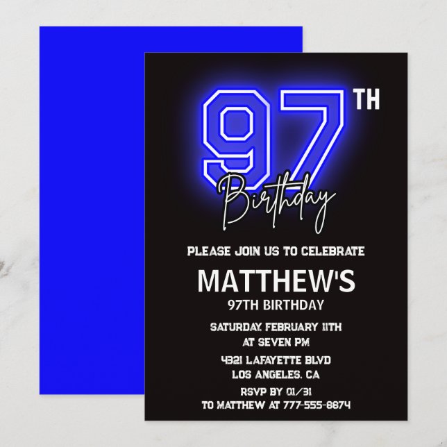 Invitation Cartons d'invitation d'anniversaire 97 ans Neon Bl (Devant / Derrière)