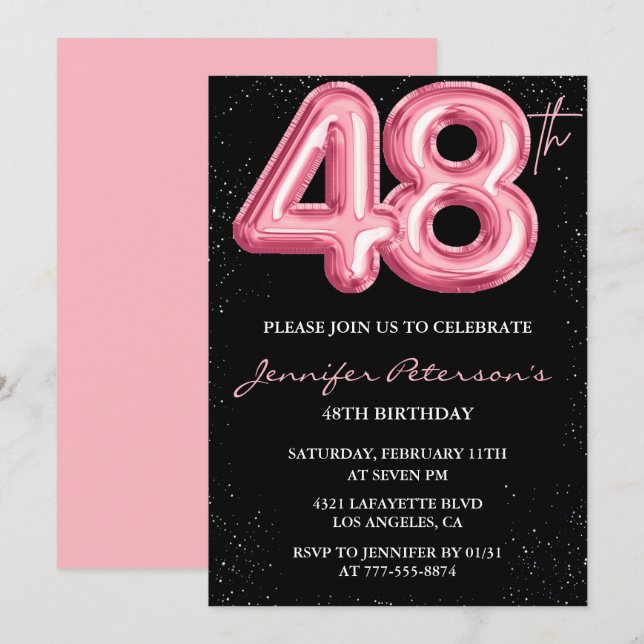 Invitation Cartons d'invitation d'anniversaire Black Pink 48  (Devant / Derrière)