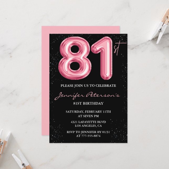 Invitation Cartons d'invitation d'anniversaire Black Pink 81  (Devant/Arrière en situation)