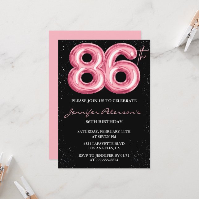 Invitation Cartons d'invitation d'anniversaire Black Pink 86  (Devant/Arrière en situation)