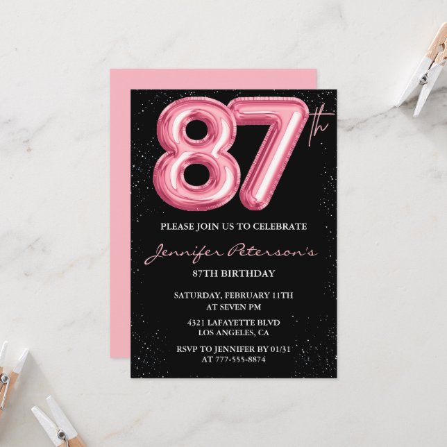 Invitation Cartons d'invitation d'anniversaire Black Pink 87  (Devant/Arrière en situation)