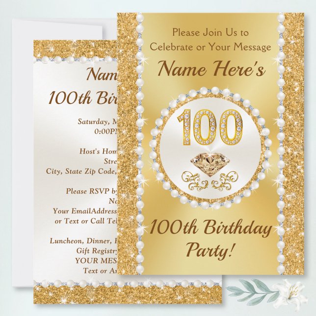 Invitation Cartons d'invitation d'anniversaire de 100 ans, Jo (100th birthday party invitations. Personalized 100th birthday invites for 100th birthday supplies.)