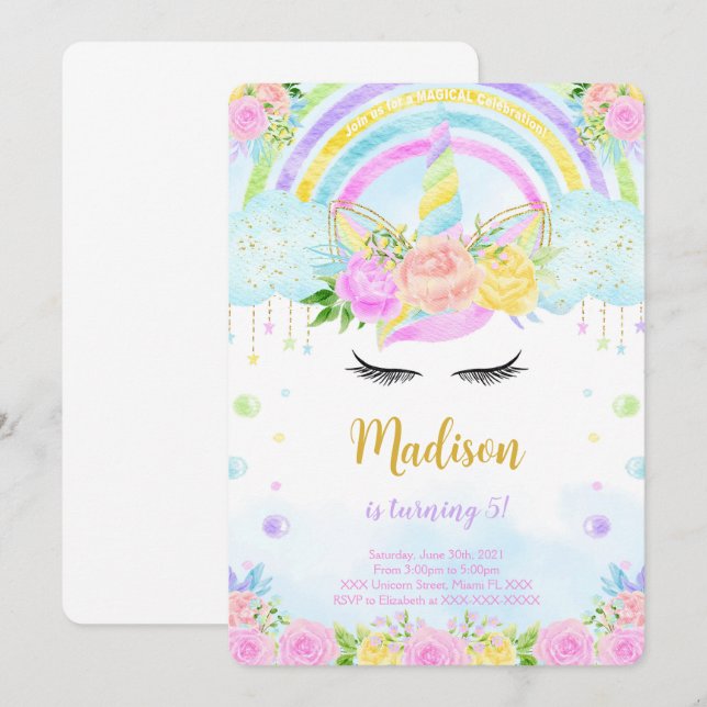 Invitation Cartons d'invitation d'anniversaire Licorne (Devant / Derrière)