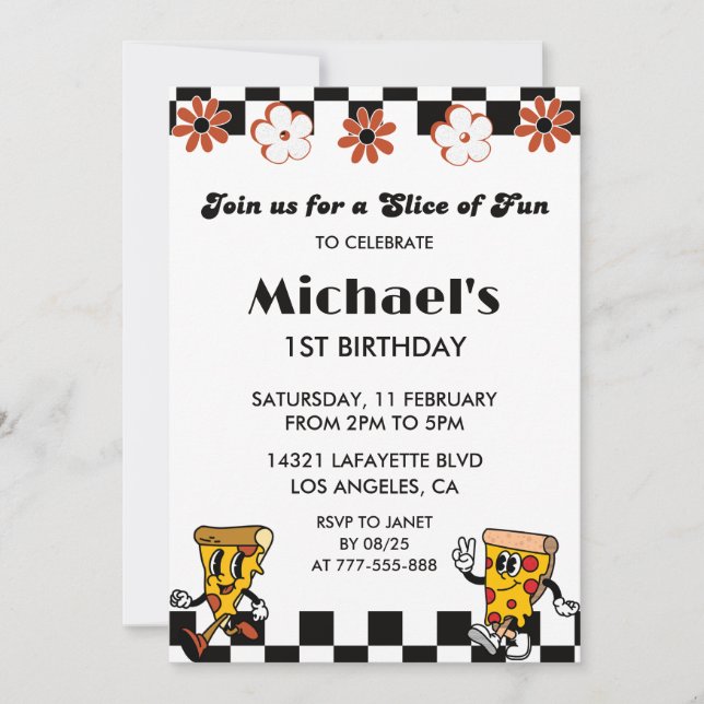 Invitation Cartons d'invitation d'anniversaire Pizza| Retro 1 (Devant)