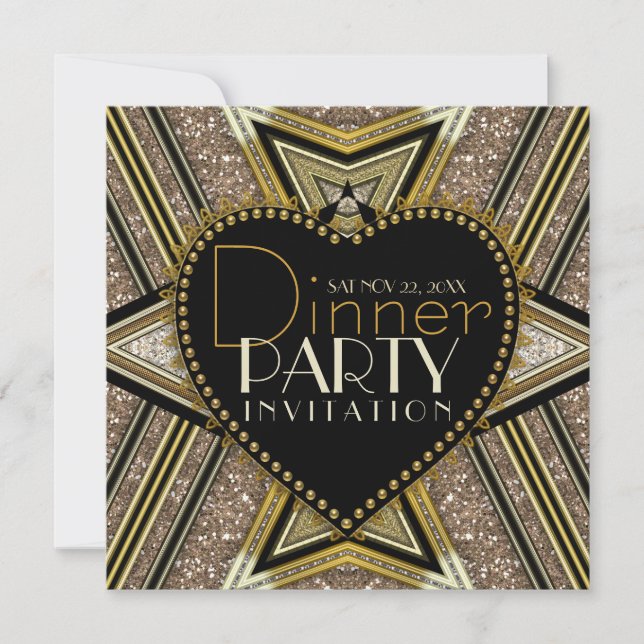 Invitation Cartons d'invitation de dîner Art Déco Or Noir 192 (Devant)