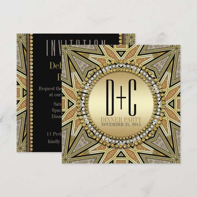 Invitation Cartons d'invitation de dîner dorés et pailletés A (Devant / Derrière)