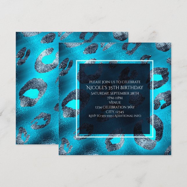 Invitation Cartons d'invitation de fête à motif léopard bleu  (Devant / Derrière)