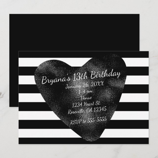 Invitation Cartons d'invitation de fête à rayures noires et b (Devant / Derrière)