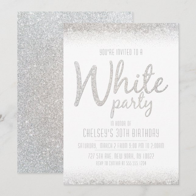 Invitation Cartons d'invitation de fête blancs scintillants e (Devant / Derrière)