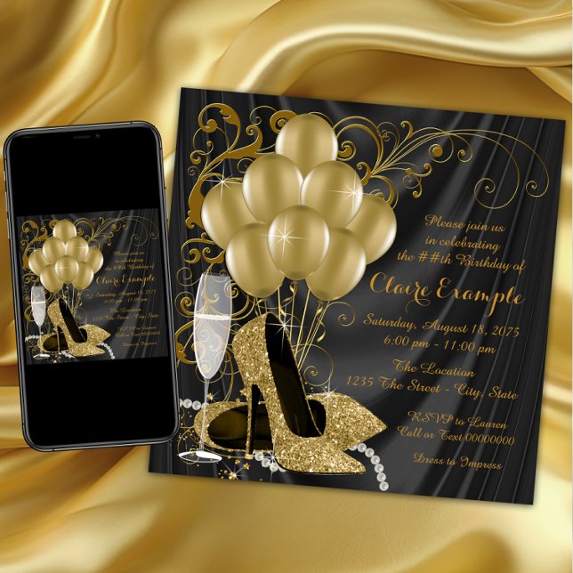Invitation Cartons d'invitation de fête d'anniversaire noir e (Womans black and gold high heel shoe birthday party invitation. High heel shoe invitation. Any #.)
