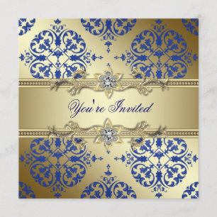 Invitation Cartons d'invitation de fête en damas or et bleu r