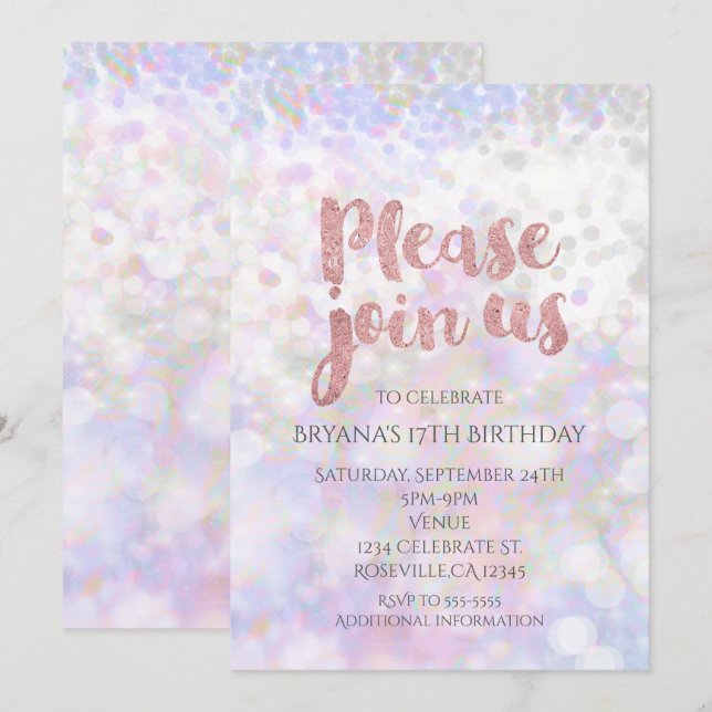Invitation Cartons d'invitation de fête Glam Iridescent Pink  (Devant / Derrière)
