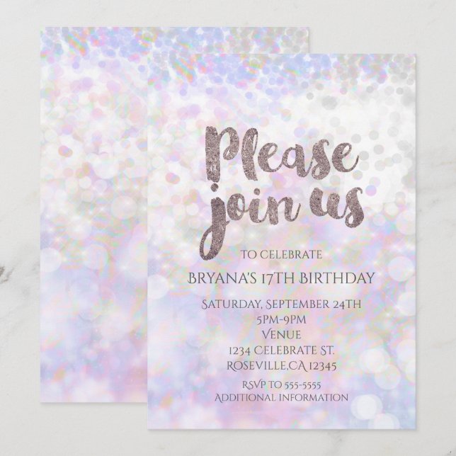 Invitation Cartons d'invitation de fête Glam Iridescent White (Devant / Derrière)