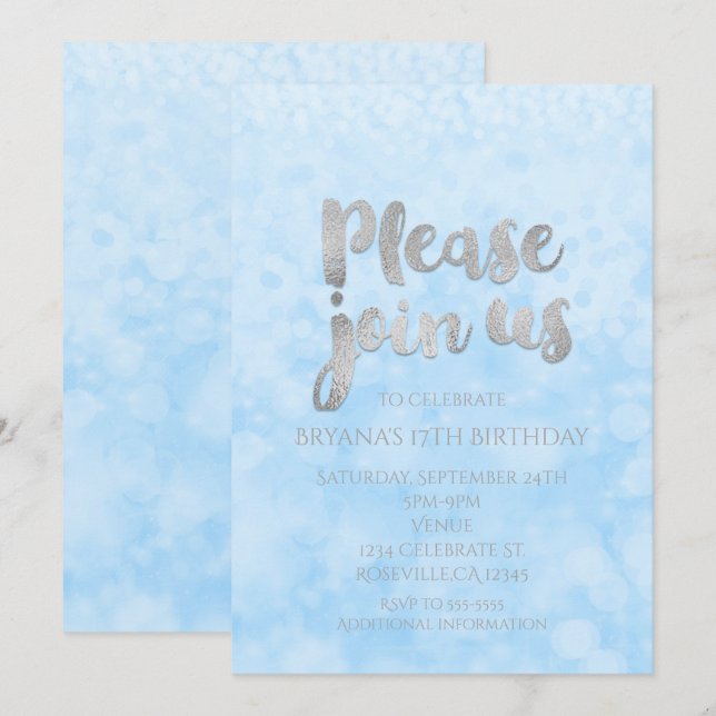 Invitation Cartons d'invitation de fête Glamour Bleu et Argen (Devant / Derrière)
