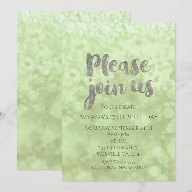 Invitation Cartons d'invitation de fête Glamour Vert & Argent (Devant / Derrière)