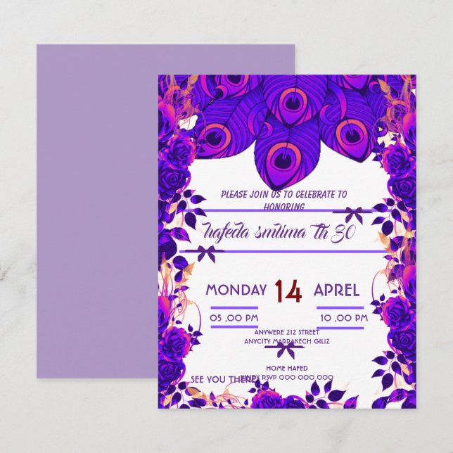 Invitation Cartons d'invitation de fête modifiables Plume de  (Devant / Derrière)