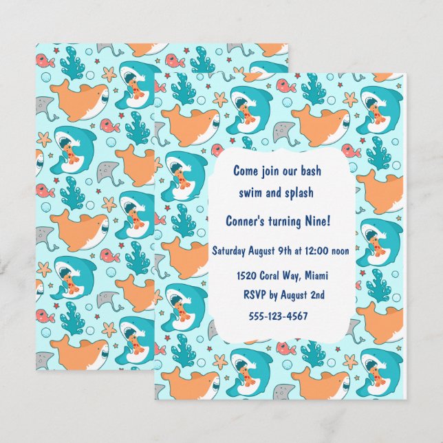 Invitation Cartons d'invitation de fête requin pour enfants e (Devant / Derrière)