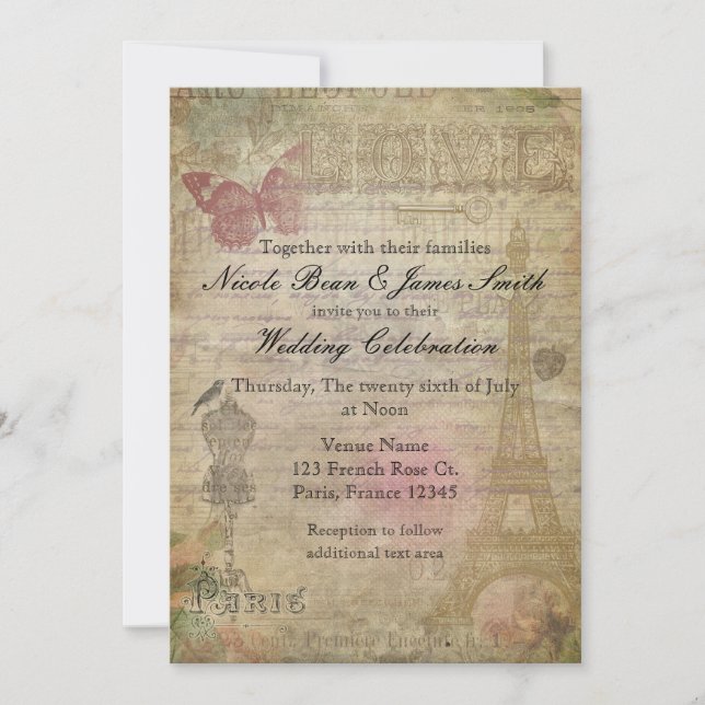Invitation Cartons d'invitation de mariage chic vintage Paris (Devant)