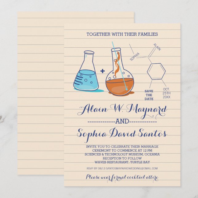 Invitation Cartons d'invitation de mariage de chimie bleue et (Devant / Derrière)