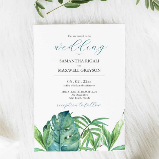 Invitation Cartons d'invitation de mariage de destination tro (Wedding invitation destination weddings watercolor tropical palm leave art by Victoria Grigaliunas)