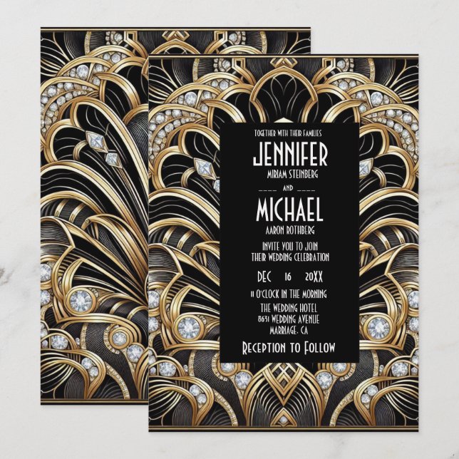 Invitation Cartons d'invitation de mariage diamant noir et or (Devant / Derrière)