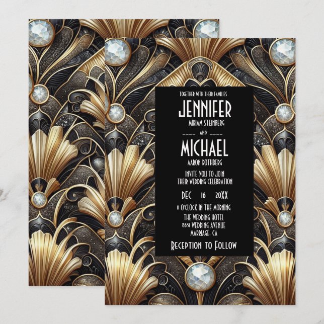 Invitation Cartons d'invitation de mariage diamant noir et or (Devant / Derrière)