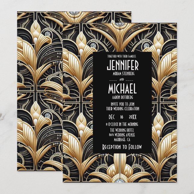 Invitation Cartons d'invitation de mariage diamant noir et or (Devant / Derrière)