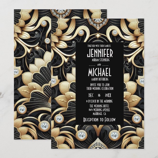 Invitation Cartons d'invitation de mariage diamant noir et or (Devant / Derrière)