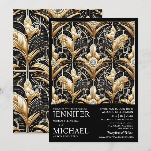 Invitation Cartons d'invitation de mariage diamant noir et or (Devant / Derrière)