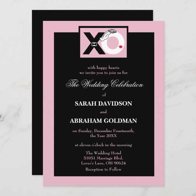 Invitation Cartons d'invitation de mariage drôles rose et noi (Devant / Derrière)