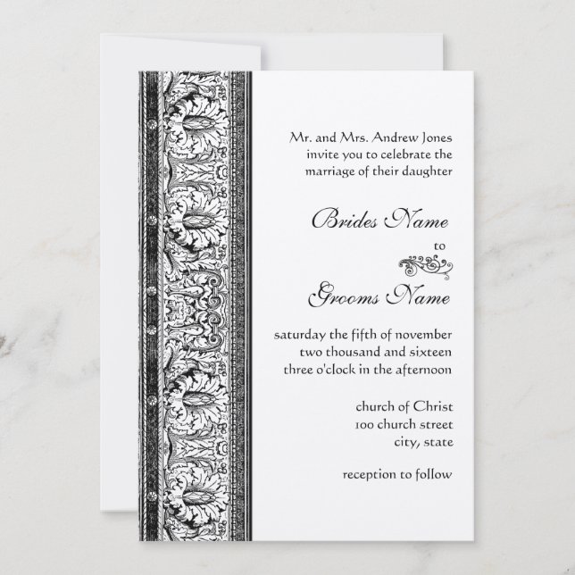 Invitation Cartons d'invitation de mariage en damas noir (Devant)